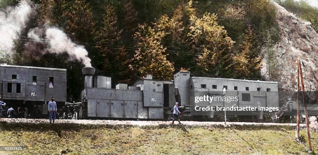 World War I: An austrian Armoured train in Russia. Hand-colored lantern slide. Around 1915