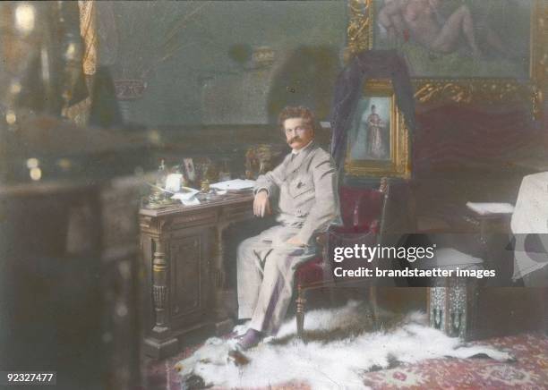 Johann Strauss son at his home in Igelgasse . Vienna, 4th district. Hand-colored lantern slide. Around 1890.