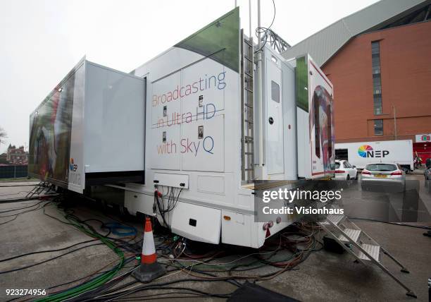 Sky Sports television trucks at the Premier League match between Liverpool and Everton at the Anfield Stadium on December 10, 2017 in Liverpool,...