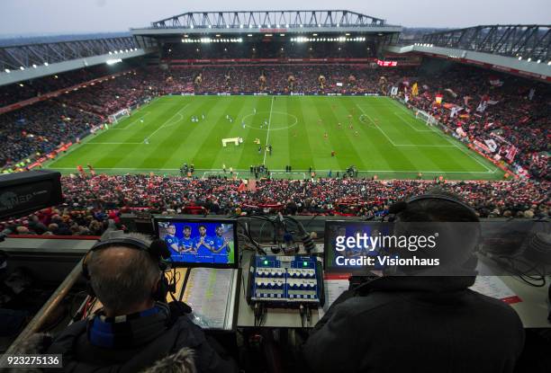 Sky TV commentators Rob Hawthorne and Alan Smith at the Premier League match between Liverpool and Everton at the Anfield Stadium on December 10,...