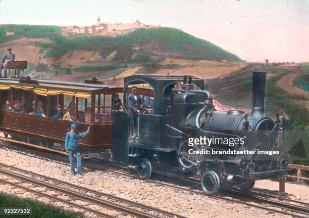 The cog railway at the Kahlenberg was finalized in 1874 and shut down in 1921. Vienna, 19th district. Hand-colored lantern slide. Around 1910.