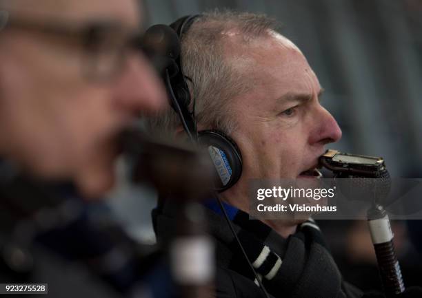 Sky Sports TV commentator Rob Hawthorne at the Premier League match between Liverpool and Everton at the Anfield Stadium on December 10, 2017 in...