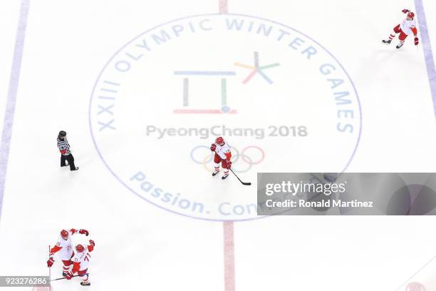 Ilya Kovalchuk of Olympic Athlete from Russia celebrates with teammates after scoring an empty net goal in the third period against Czech Republic...