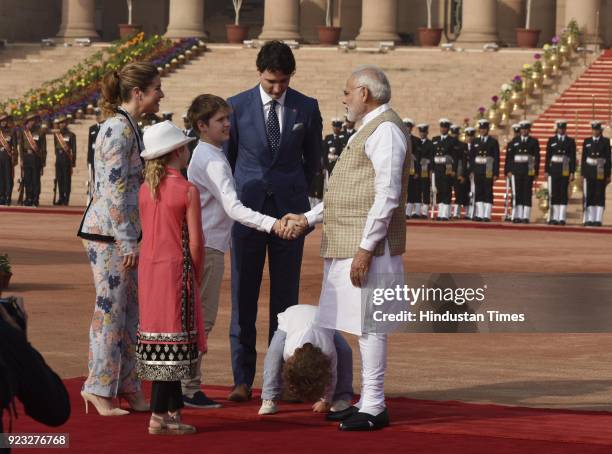 Canadian Prime Minister Justin Trudeau and his family with PM Narendra Modi at the ceremonial reception at Rashtrapati Bhawan on February 23, 2018 in...