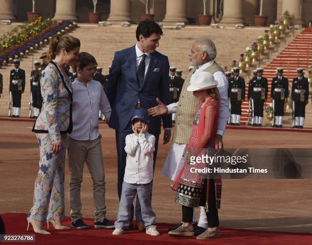 Canadian Prime Minister Justin Trudeau and his family with PM Narendra Modi at the ceremonial reception at Rashtrapati Bhawan on February 23, 2018 in...