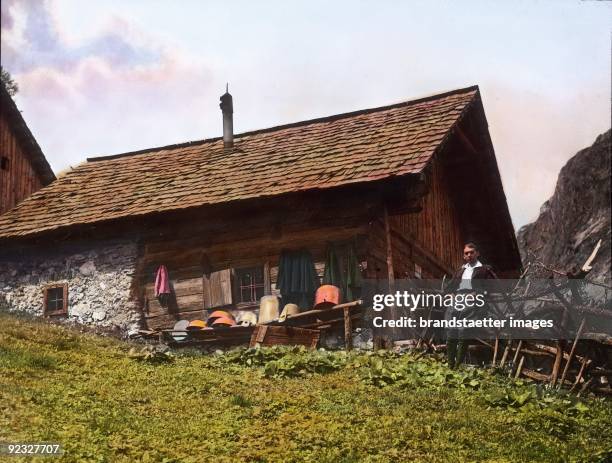 Alp hut on the Oetscher. Lower Austria. Hand-colored lantern slide. 1909.