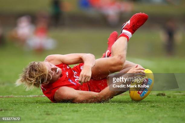 James Rose of the Swans dives for the ball during the AFL Inter Club match between the Sydney Swans and the Greater Western Sydney Giants at Henson...