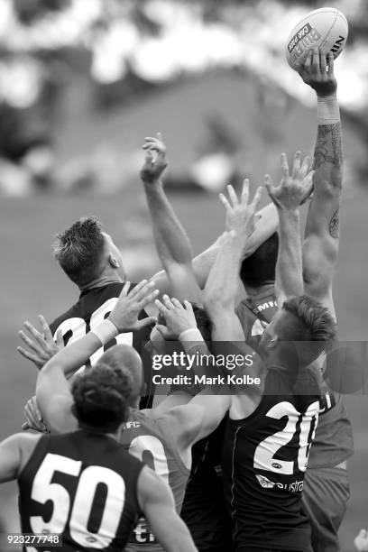 Players compete for the ball during the AFL Inter Club match between the Sydney Swans and the Greater Western Sydney Giants at Henson Park on...