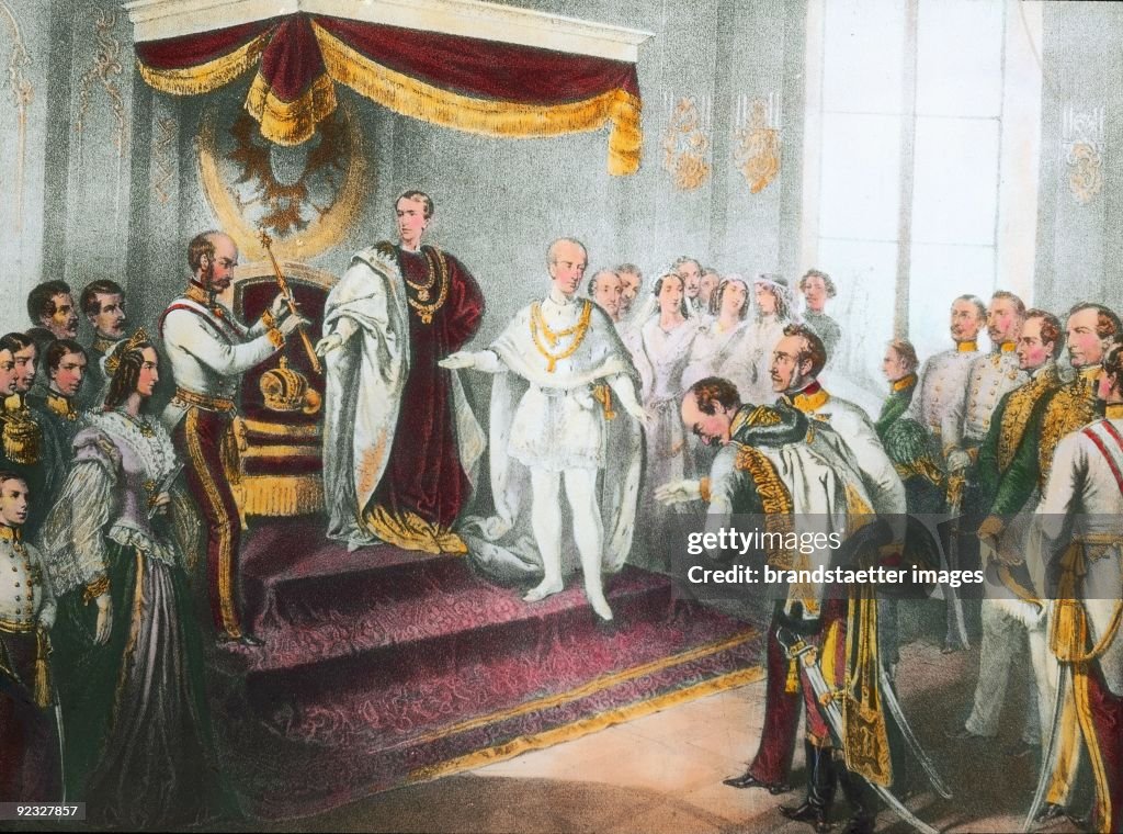 Coronation of Emperor Franz Joseph I in Olmuetz. Lithograph. 2 December, 1848.