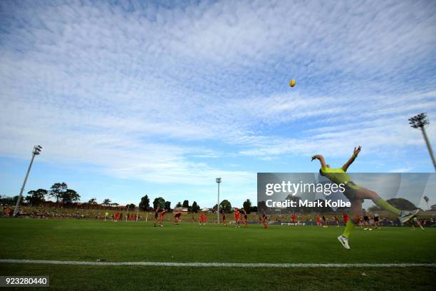 General view is seen as the boundary umpire throw the ball into play during the AFL Inter Club match between the Sydney Swans and the Greater Western...