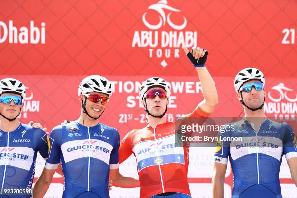 4th Abu Dhabi Tour 2018 / Stage 3 Start / Elia Viviani of Italy Red Leader Jersey / Fabio Sabatini of Italy / Alvaro Hodeg of Colombia / Team...