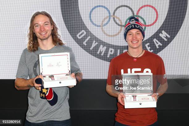 Olympians David Wise and Alex Ferriera pose for a photo at the USA House at the PyeongChang 2018 Winter Olympic Games on February 23, 2018 in...