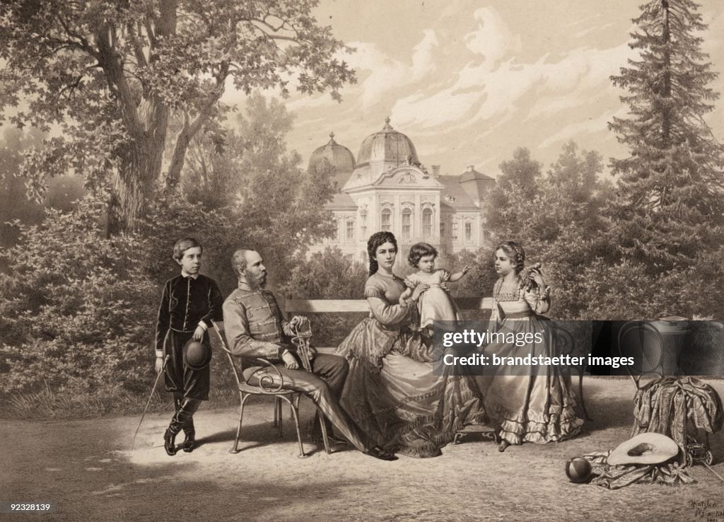 The Royal family in Goedoelloe: Emperor Franz Joseph I and Empress Elisabeth from Austria together with their children archduke Rudolf, Marie Valerie and Gisela in front of the Royal Palace of Godollo. Hungary. Coloured Lithograph by Vincenz Katzler. Prin