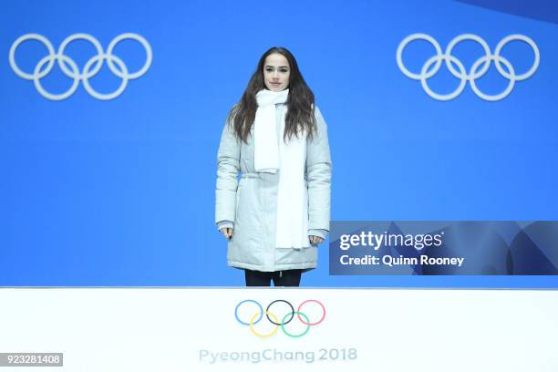 Gold medalist Alina Zagitova of Olympic Athlete from Russia stands on the podium during the medal ceremony for Figure Skating - Ladies' Single...