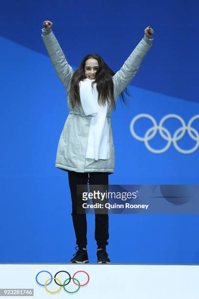 Gold medalist Alina Zagitova of Olympic Athlete from Russia celebrates during the medal ceremony for Figure Skating - Ladies' Single Skating on day...