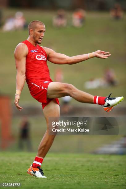 Sam Reid of the Swans kicks during the AFL Inter Club match between the Sydney Swans and the Greater Western Sydney Giants at Henson Park on February...