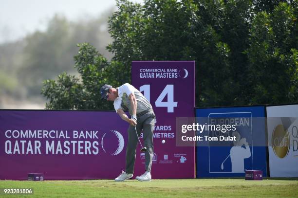 Mikko Ilonen of Finland tees off on the 14th hole during the second round of the Commercial Bank Qatar Masters at Doha Golf Club on February 23, 2018...