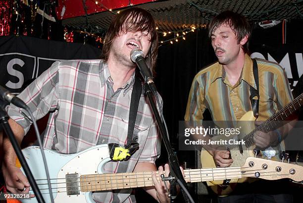 Musicians Jonny Bell and Andrew King of Crystal Antlers perform during SESAC's 2009 CMJ Showcase at Cake Shop on October 23, 2009 in New York City.