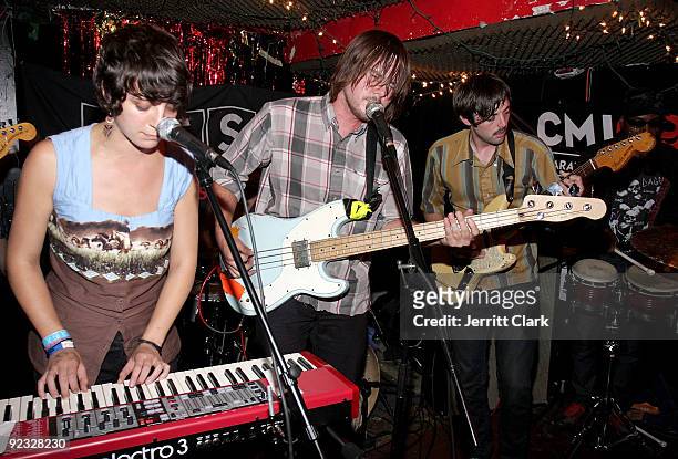 Musicians Cora Foxx, Jonny Bell and Andrew King of Crystal Antlers perform during SESAC's 2009 CMJ Showcase at Cake Shop on October 23, 2009 in New...