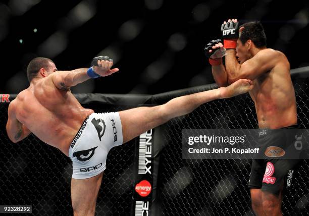 Light Heavyweight challenger Mauricio Rua kicks UFC Light Heavyweight Champion Lyoto Machida during their title fight at UFC 104 at Staples Center on...