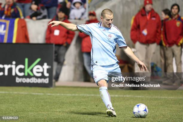 Jordan Harvey Colorado Rapids kicks the ball against the Real Salt Lake of at Rio Tinto Stadium on October 24, 2009 in Sandy, Utah.