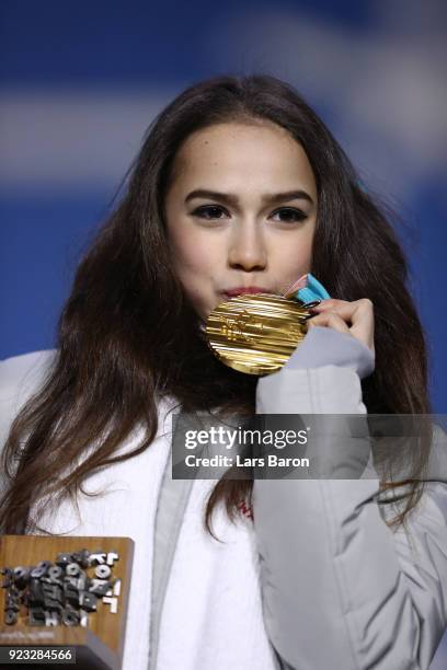 Gold medalist Alina Zagitova of Olympic Athlete from Russia celebrates during the medal ceremony for Figure Skating - Ladies' Single Skating on day...