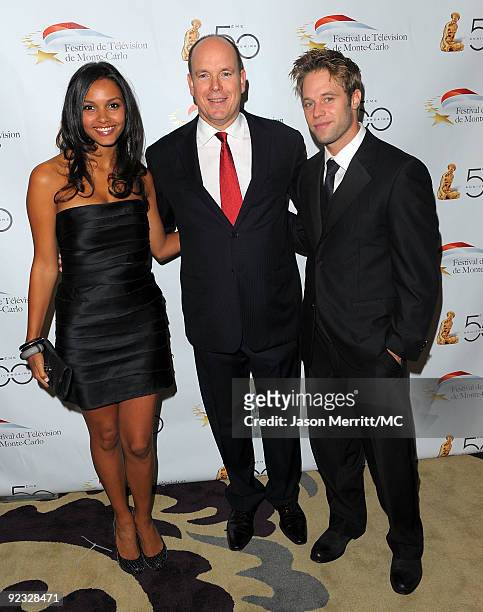 Actress Jessica Lucas, HSH Prince Albert II of Monaco, and guest attend the Monte Carlo Television Festival cocktail party held at the Beverly Hills...