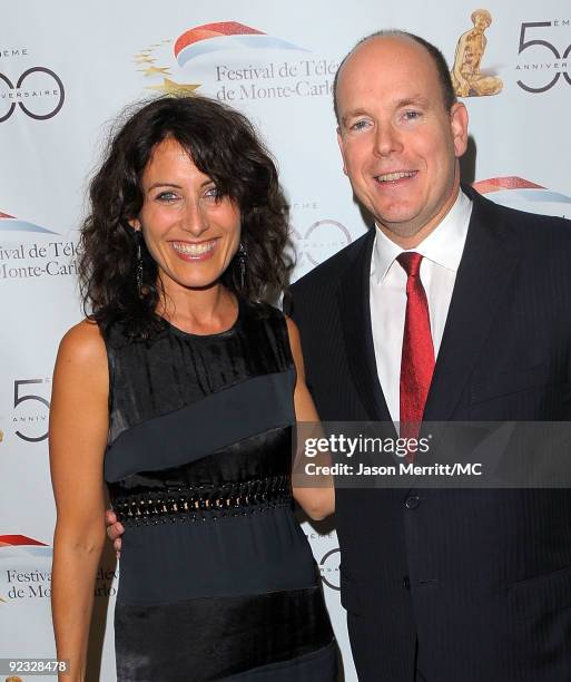Actress Lisa Edelstein and HSH Prince Albert II of Monaco attend the Monte Carlo Television Festival cocktail party held at the Beverly Hills Hotel...