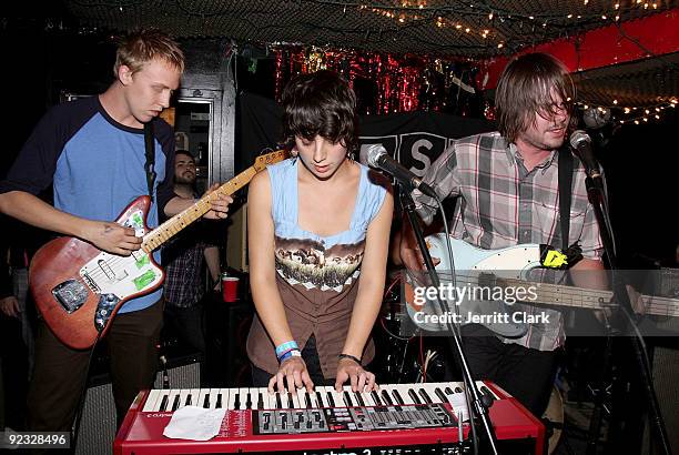 Musicians Errol Davis, Cora Foxx and Jonny Bell of Crystal Antlers pose for a photo during SESAC's 2009 CMJ Showcase at Cake Shop on October 23, 2009...