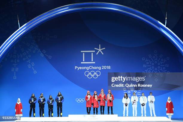 Silver medalists Linn Persson, Mona Brorsson, Anna Magnusson and Hanna Oeberg of Sweden, gold medalists Nadezhda Skardino, Iryna Kryuko, Dzinara...
