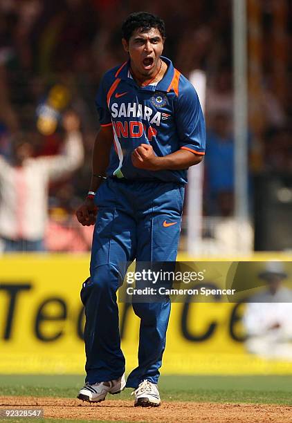 Ravindra Jadeja of India celebrates dismissing Ricky Ponting of Australia during the first One Day International match between India and Australia at...