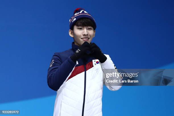 Bronze medalist Hyojun Lim of Korea celebrates during the medal ceremony for Short Track Speed Skating - Men's 500m on day 14 of the PyeongChang 2018...