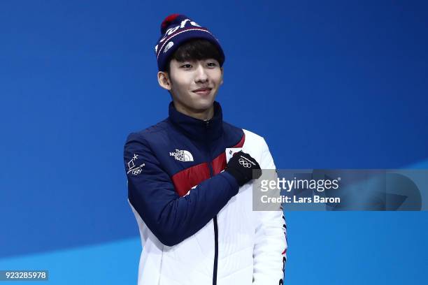 Bronze medalist Hyojun Lim of Korea celebrates during the medal ceremony for Short Track Speed Skating - Men's 500m on day 14 of the PyeongChang 2018...