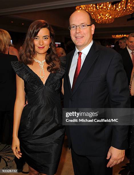Actress Cote de Pablo and HSH Prince Albert II of Monaco attend the Monte Carlo Television Festival cocktail party held at the Beverly Hills Hotel on...