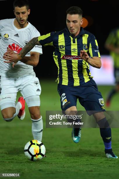 Storm Roux of the Mariners competes for the ball during the round 21 A-League match between the Central Coast Mariners and the Wellington Phoenix at...