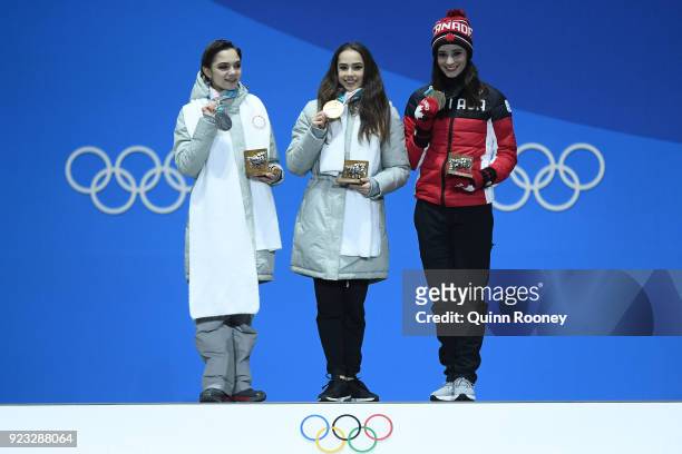 Silver medalist Evgenia Medvedeva of Olympic Athlete from Russia, gold medalist Alina Zagitova of Olympic Athlete from Russia and bronze medalist...