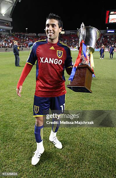 Javier Morales of Real Salt Lake holds the Rocky Mountain Cup after the game win against the Colorado Rapids at Rio Tinto Stadium on October 24, 2009...