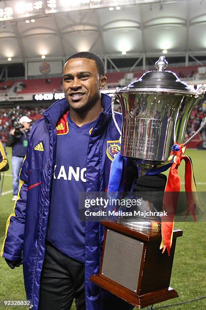 Robbie Findley of Real Salt Lake holds the Rocky Mountain Cup after the game win against the Colorado Rapids at Rio Tinto Stadium on October 24, 2009...