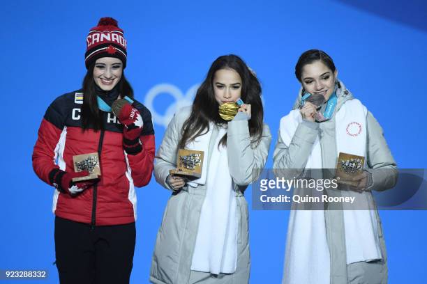 Bronze medalist Kaetlyn Osmond of Canada, gold medalist Alina Zagitova of Olympic Athlete from Russia and silver medalist Evgenia Medvedeva of...