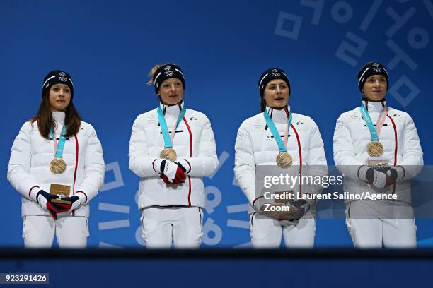 Anais Chevalier of France, Marie Dorin Habert of France, Anais Bescond of France, Justine Braisaz of France win the bronze medal of the biathlon...