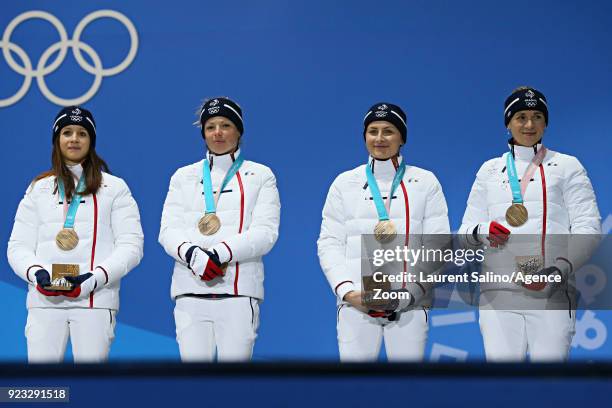 Anais Chevalier of France, Marie Dorin Habert of France, Anais Bescond of France, Justine Braisaz of France win the bronze medal of the biathlon...