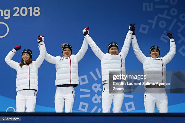 Anais Chevalier of France, Marie Dorin Habert of France, Anais Bescond of France, Justine Braisaz of France win the bronze medal of the biathlon...