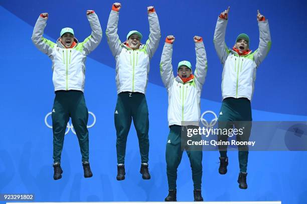 Gold medalists Shaoang Liu, Shaolin Sandor Liu, Viktor Knoch and Csaba Burjan of Hungary celebrate during the medal ceremony for Short Track Speed...