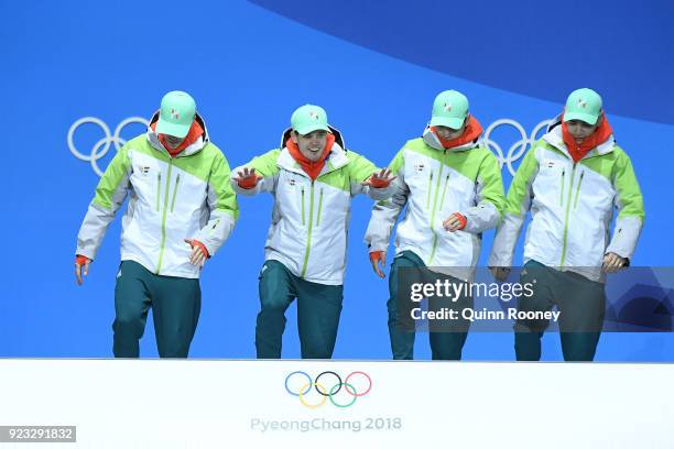 Gold medalists Shaoang Liu, Shaolin Sandor Liu, Viktor Knoch and Csaba Burjan of Hungary celebrate during the medal ceremony for Short Track Speed...