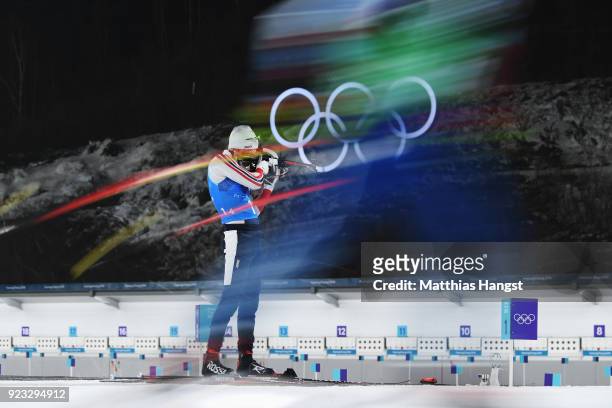 Emil Hegle Svendsen of Norway shoots prior to the Men's 4x7.5km Biathlon Relay on day 14 of the PyeongChang 2018 Winter Olympic Games at Alpensia...