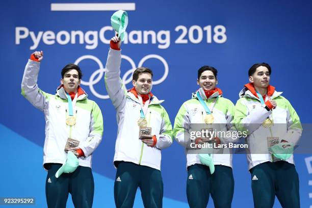 Gold medalists Shaoang Liu, Shaolin Sandor Liu, Viktor Knoch and Csaba Burjan of Hungary celebrate during the medal ceremony for Short Track Speed...