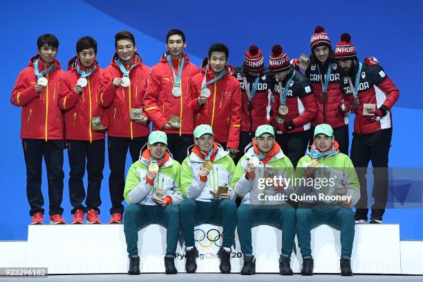 Silver medalists Dajing Wu, Tianyu Han, Hongzhi Xu, Dequan Chen and Ziwei Ren of China, gold medalists Shaoang Liu, Shaolin Sandor Liu, Viktor Knoch...