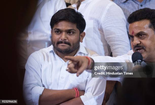 Gujarat Patidar community leader Hardik Patel and Mumbai Congress chief Sanjay Nirupam interacting with the Mumbai media's social media team at...