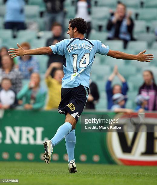 Alex Brosque of Sydney FC celebrates after scoring a goal during the round 12 A-League match between Sydney FC and the Brisbane Roar at Sydney...