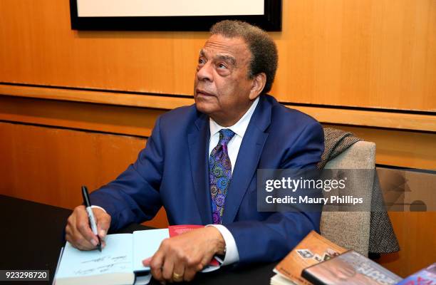 Ambassador Andrew Young sign copies of his book during "Passing The Torch From Selma To Today" documentary screening at Skirball Cultural Center on...